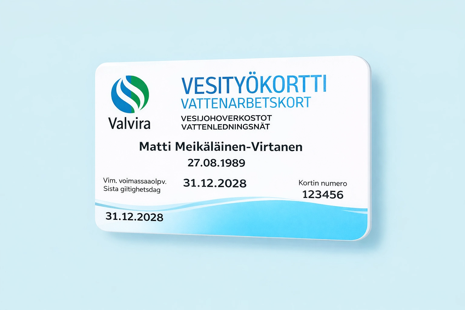 En bild på ett vattenarbetskort. Utbildningen ger färdigheter för säkert och hygieniskt arbete med vatten samt hjälper till att identifiera och förebygga risker relaterade till vattenkvalitet.